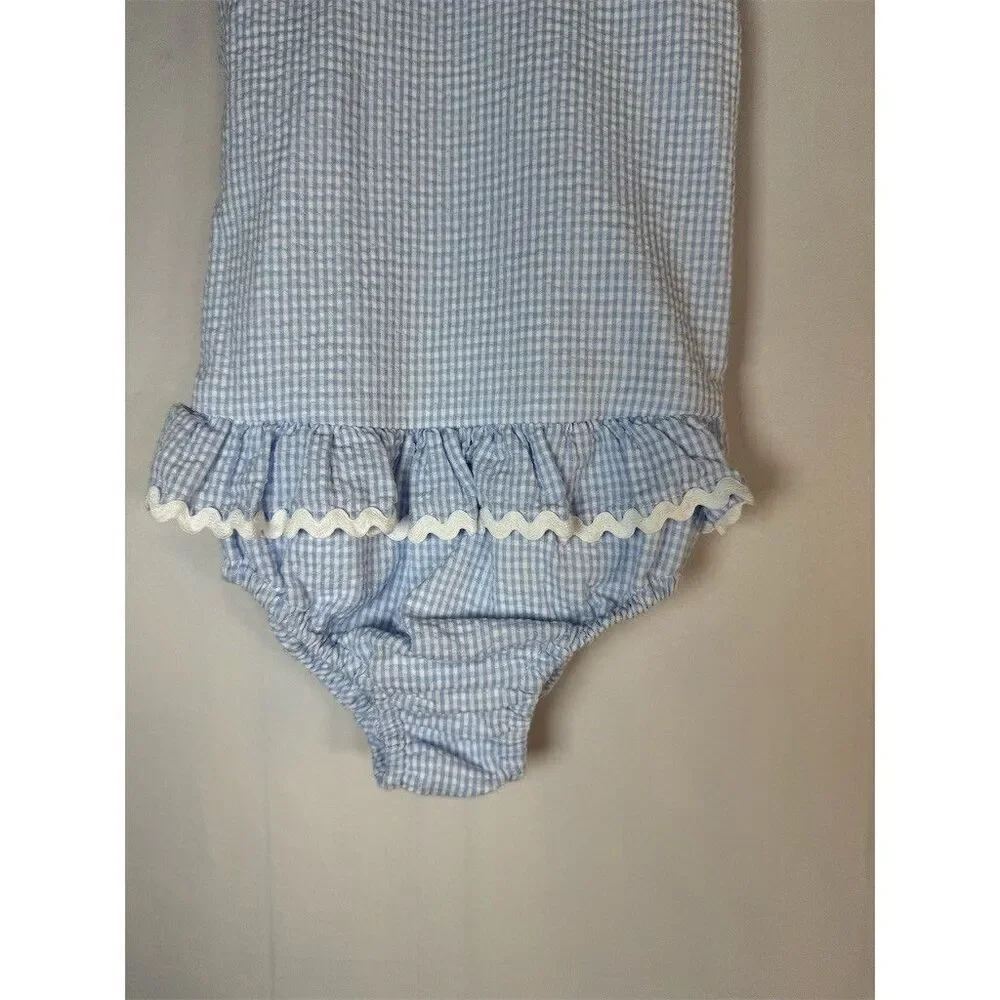 Baby Girls One Piece Swimsuit Size 3T Blue White Gingham Ruffle Skirt